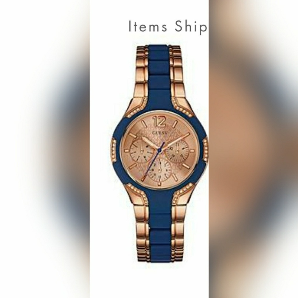 GUESS blue and rose gold tone watch